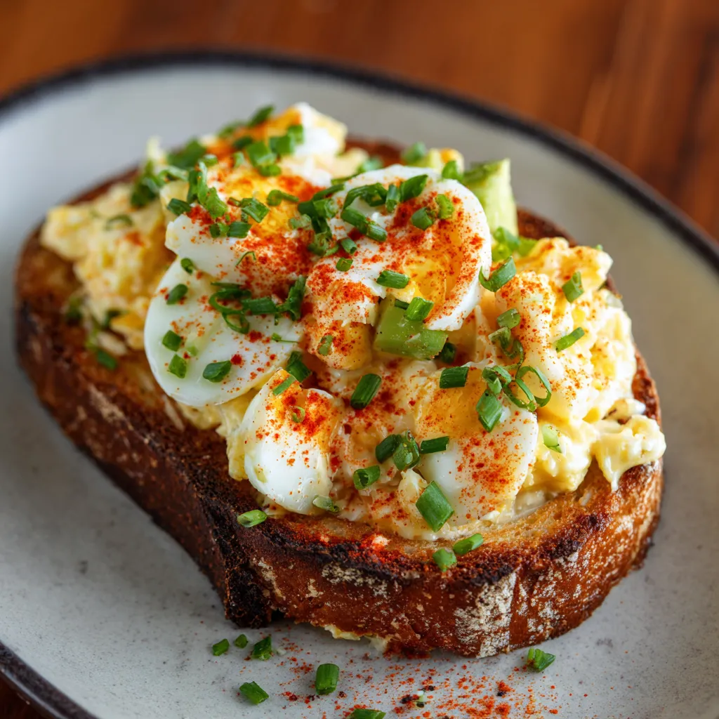 A slice of toast with eggs and red peppers.