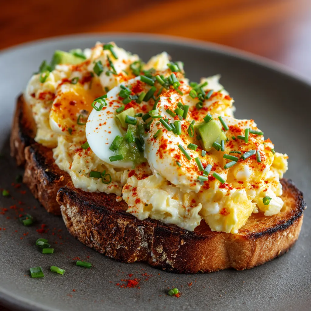 A plate of food with eggs and vegetables on a toast.