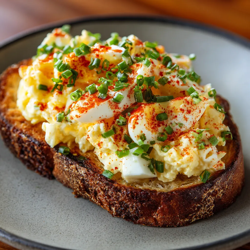 A slice of toast with eggs and red peppers.