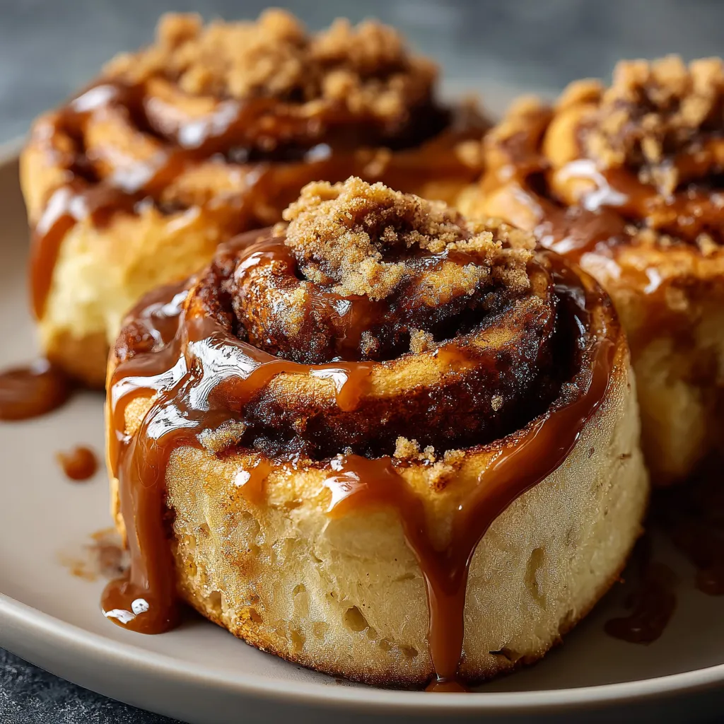 A plate of cinnamon rolls with caramel sauce drizzled on top.