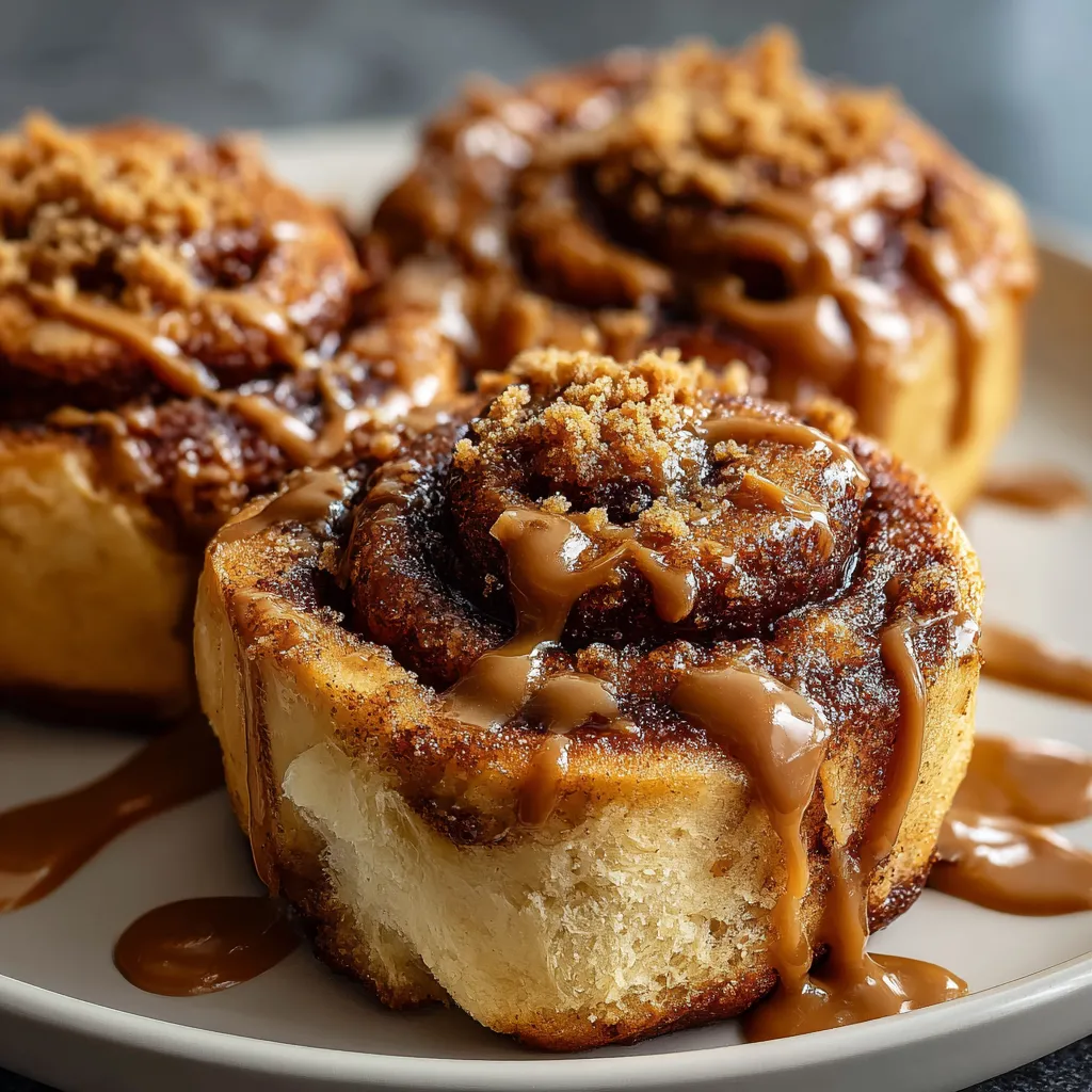 A plate of cinnamon rolls with caramel drizzled on top.