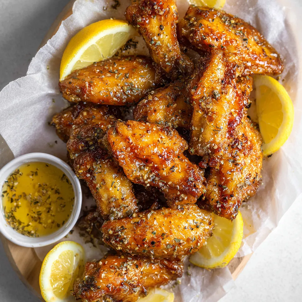 A plate of chicken wings with lemon wedges on top.