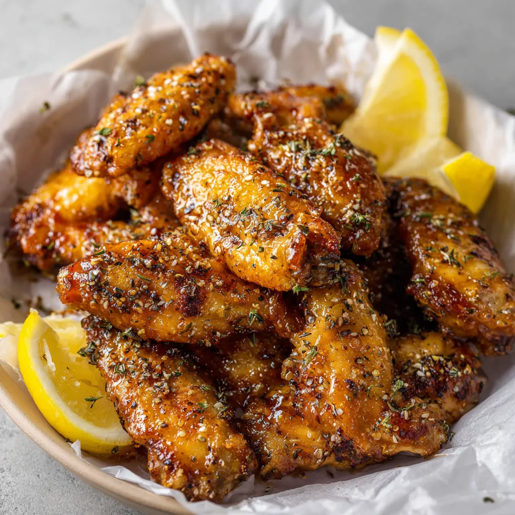 A plate of chicken wings with lemon wedges.