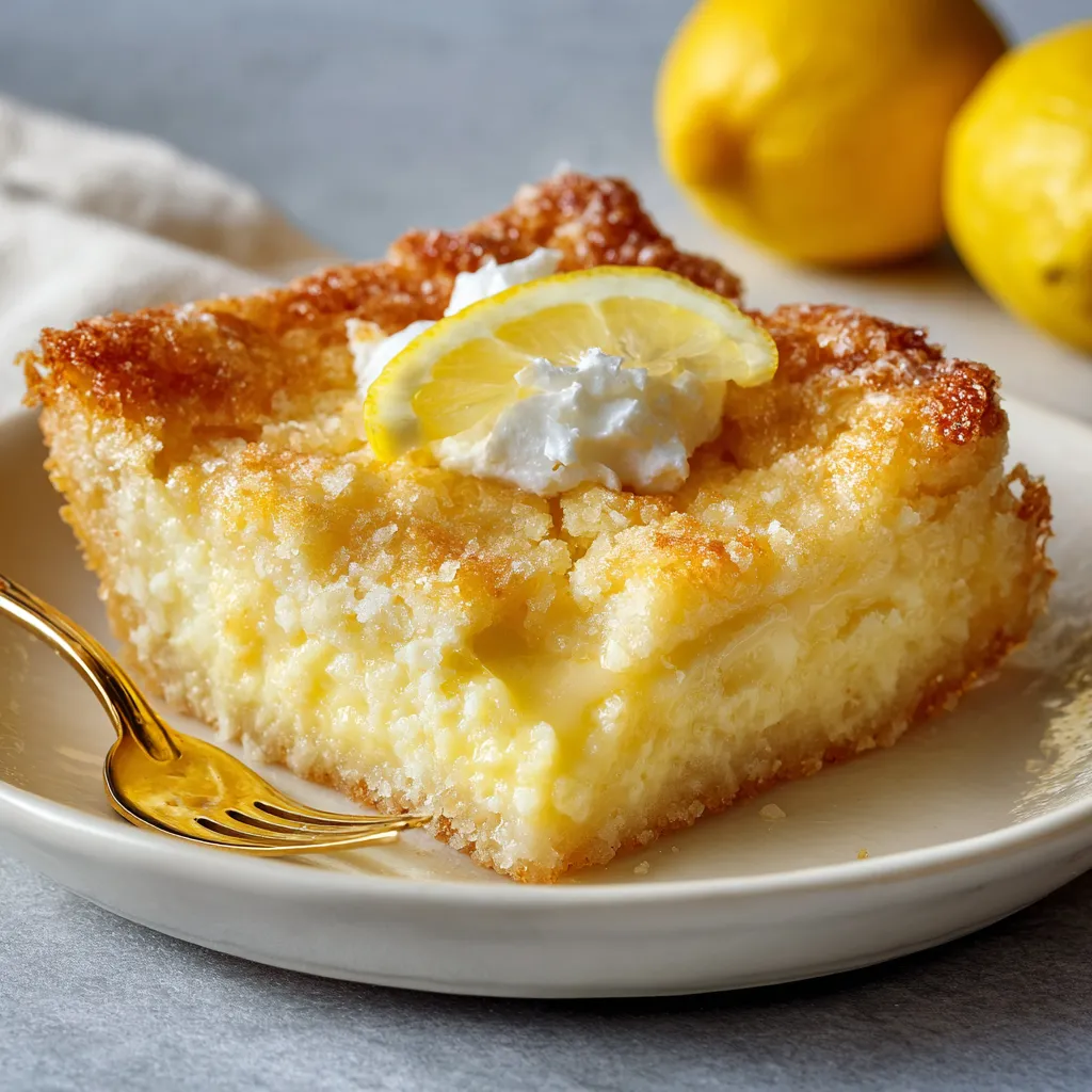 A slice of lemon cake with a lemon wedge on top.
