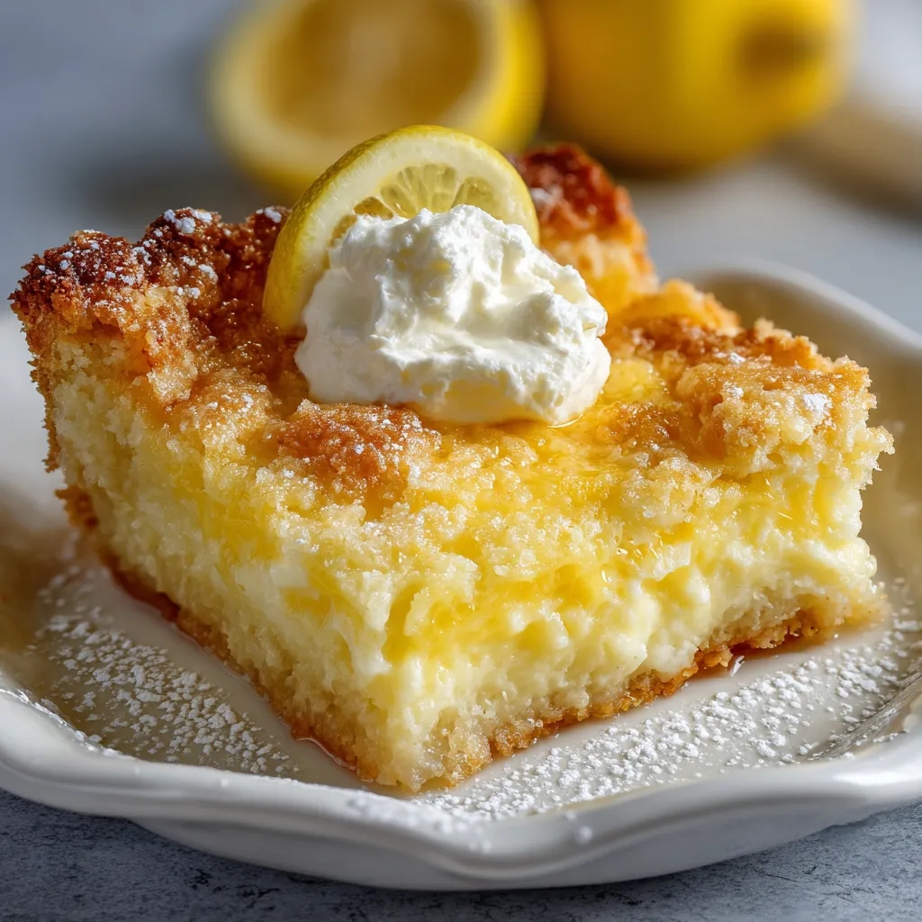 A slice of lemon cake with whipped cream on top.