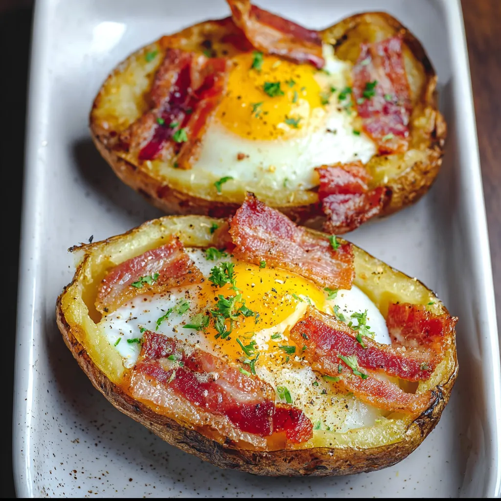 Two potatoes with bacon and eggs on top.