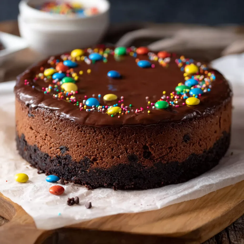 A chocolate cake with chocolate frosting and sprinkles.