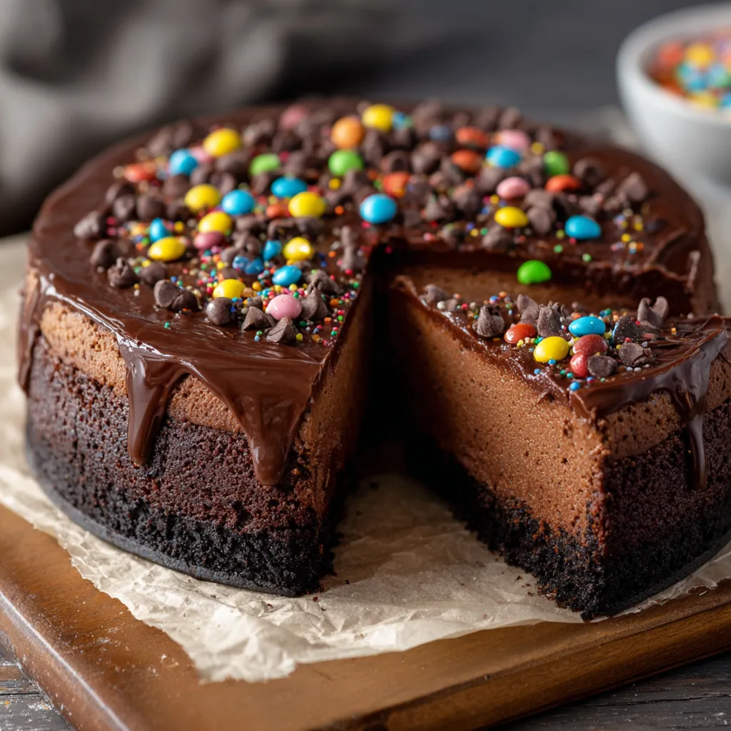 A slice of chocolate cake with chocolate frosting and candy toppings.