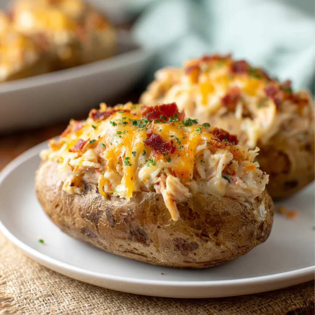 Two potatoes with bacon and cheese on a plate.