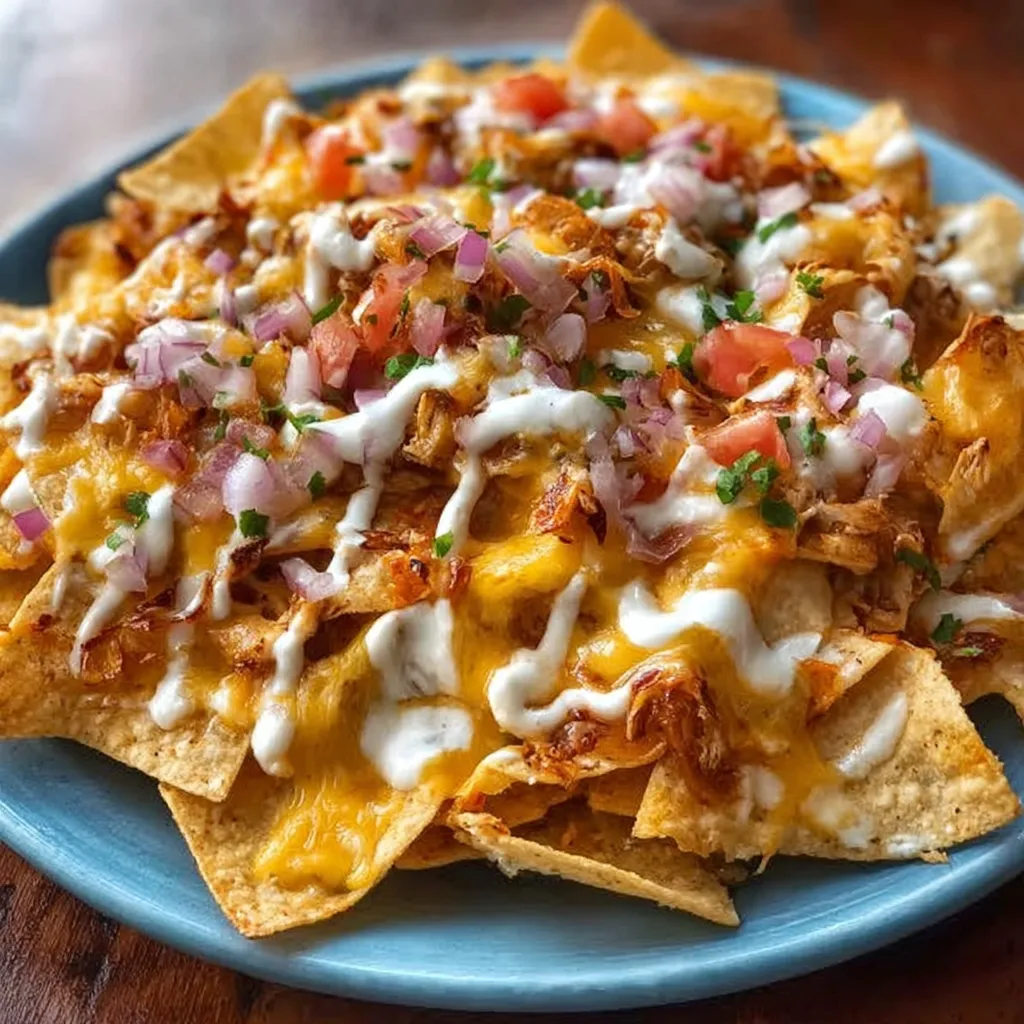 A plate of nachos with cheese and tomatoes.