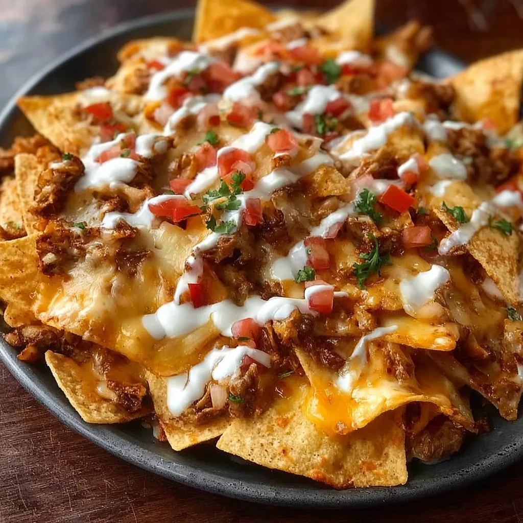 A plate of nachos with cheese and tomatoes.