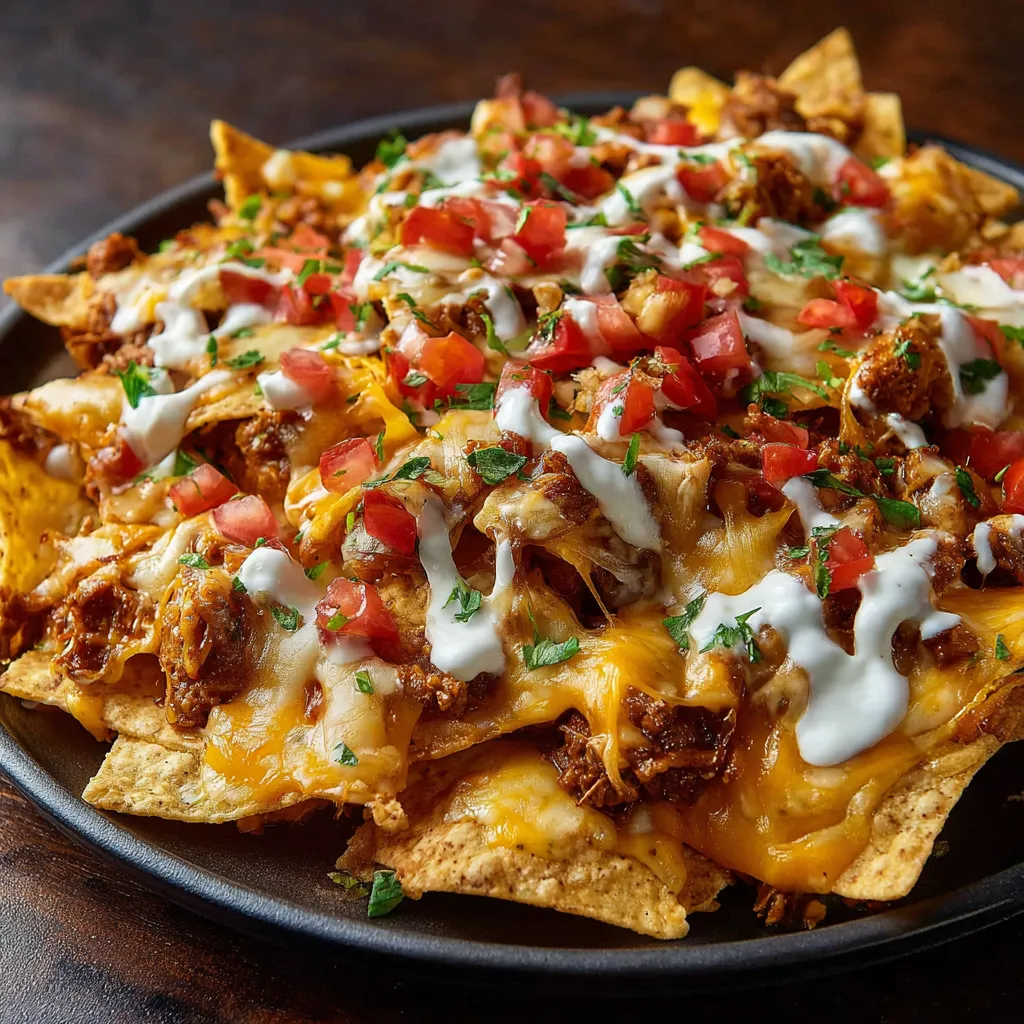 A plate of nachos with cheese and tomatoes.