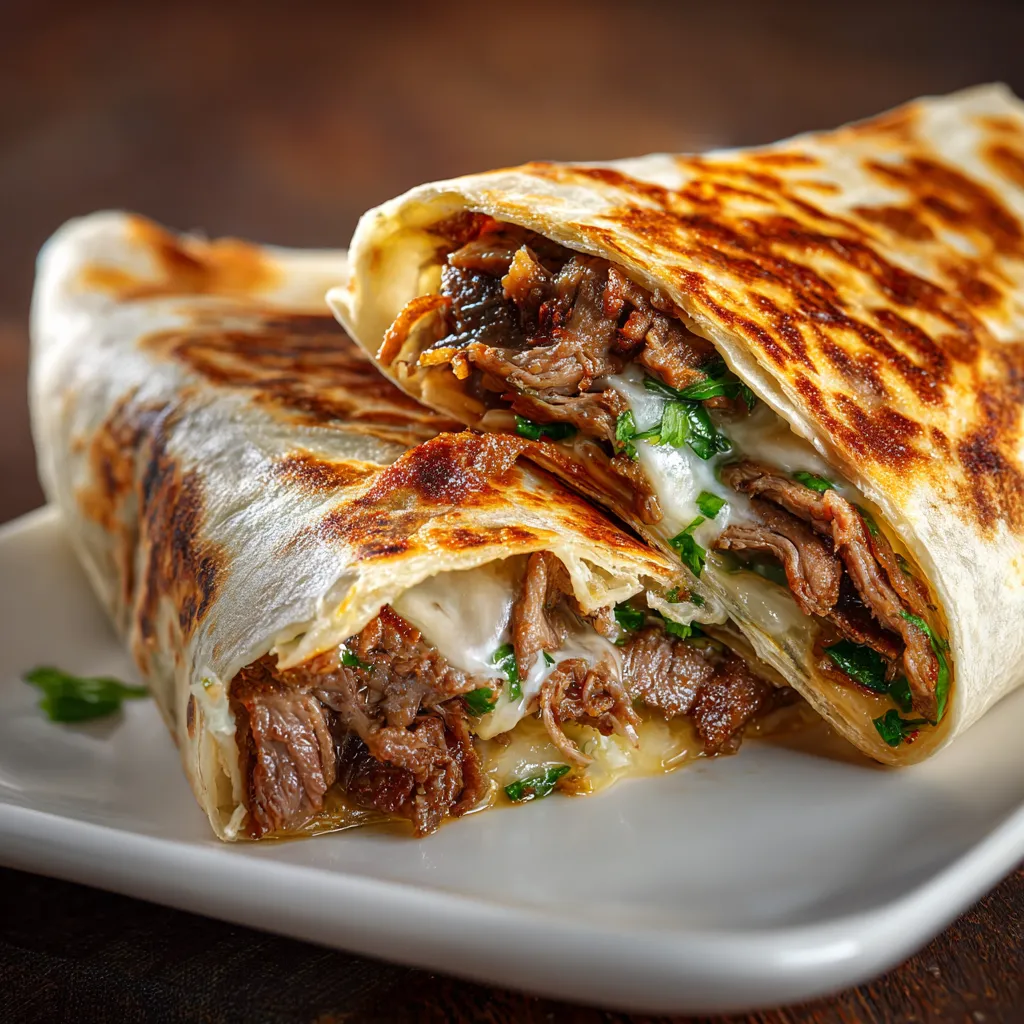 A burrito with meat and cheese.