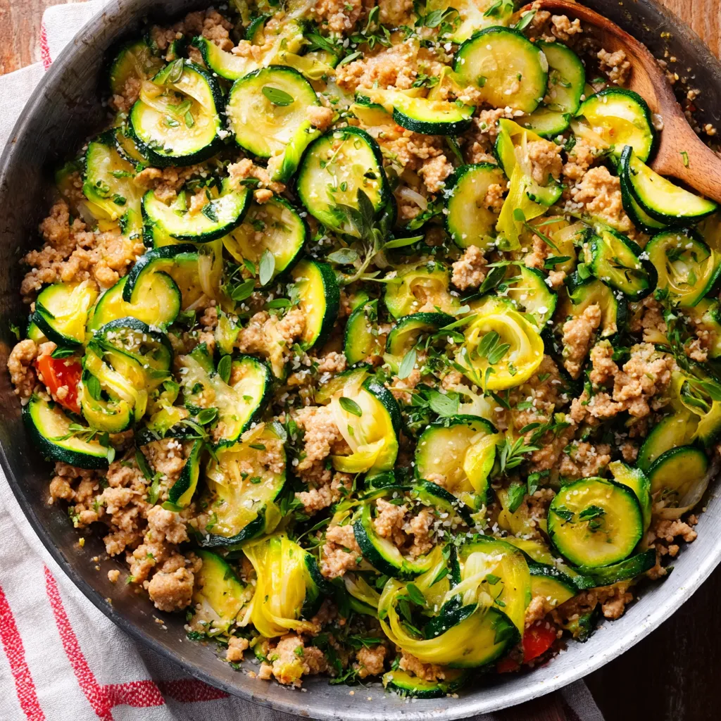 A pan of food with zucchini and meat.