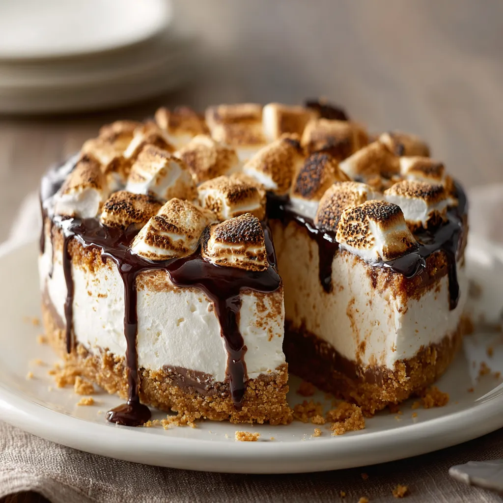 A slice of cake with marshmallows and chocolate.