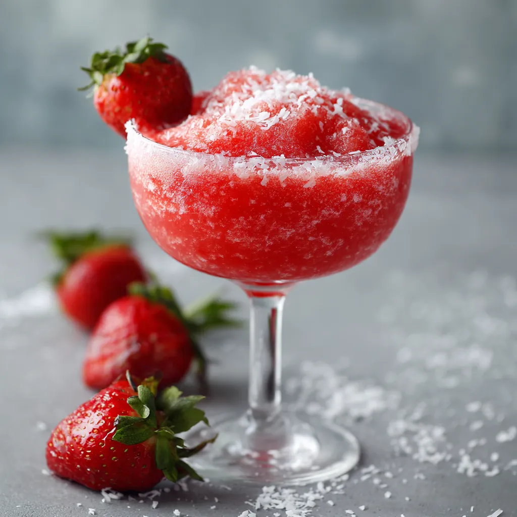 A glass of red drink with strawberries.