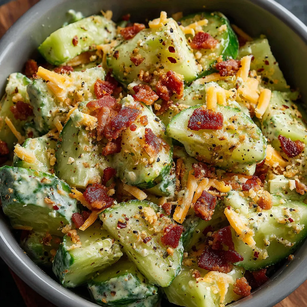 A bowl of food with cheese, bacon, and cucumbers.