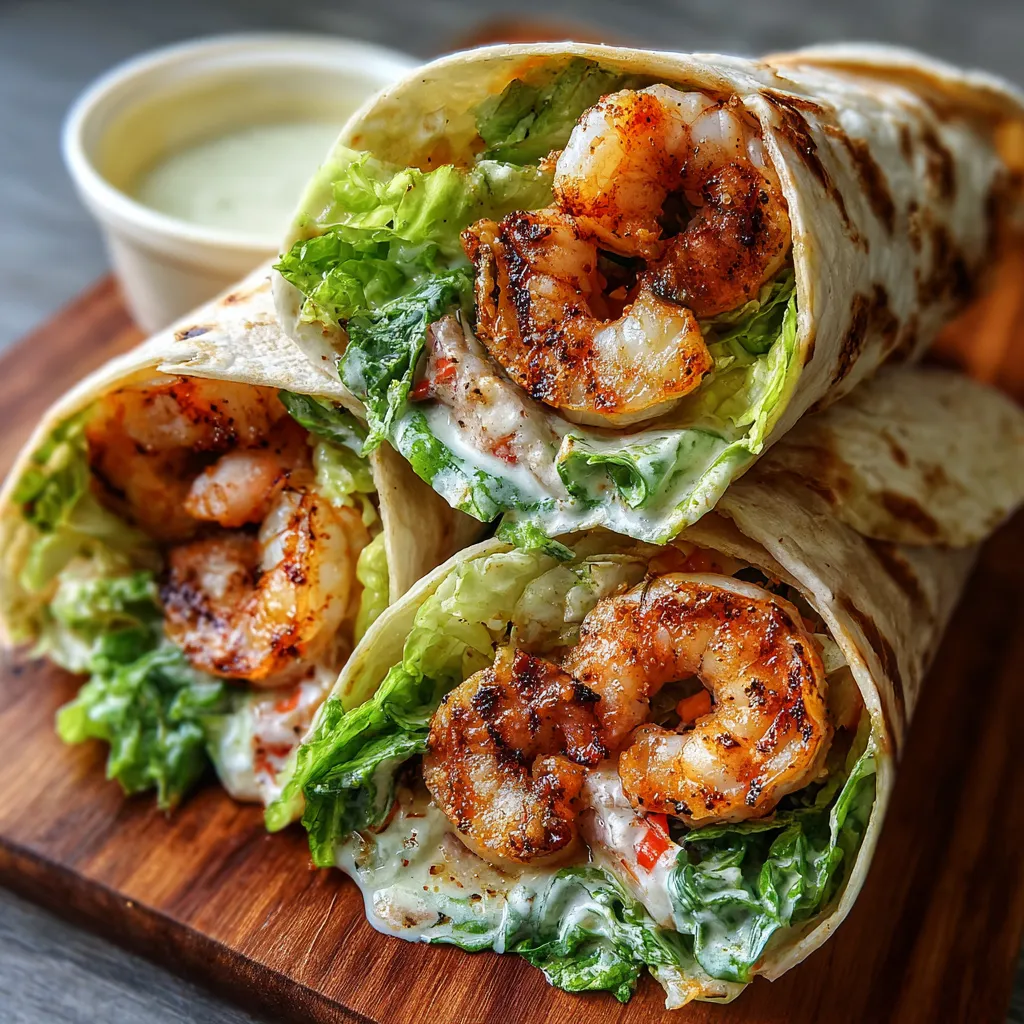 A shrimp wrap with lettuce and sauce.