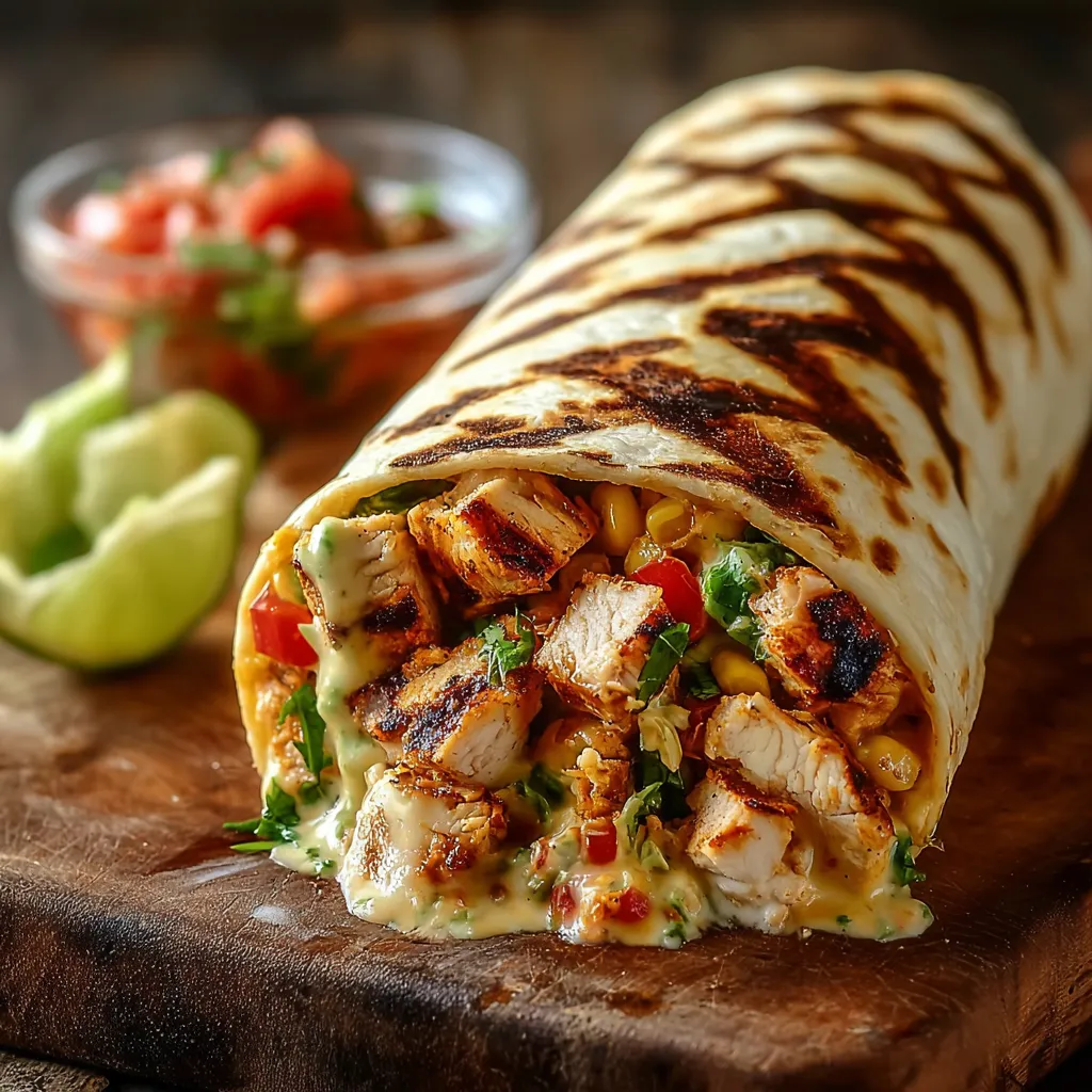 A burrito with chicken and vegetables.