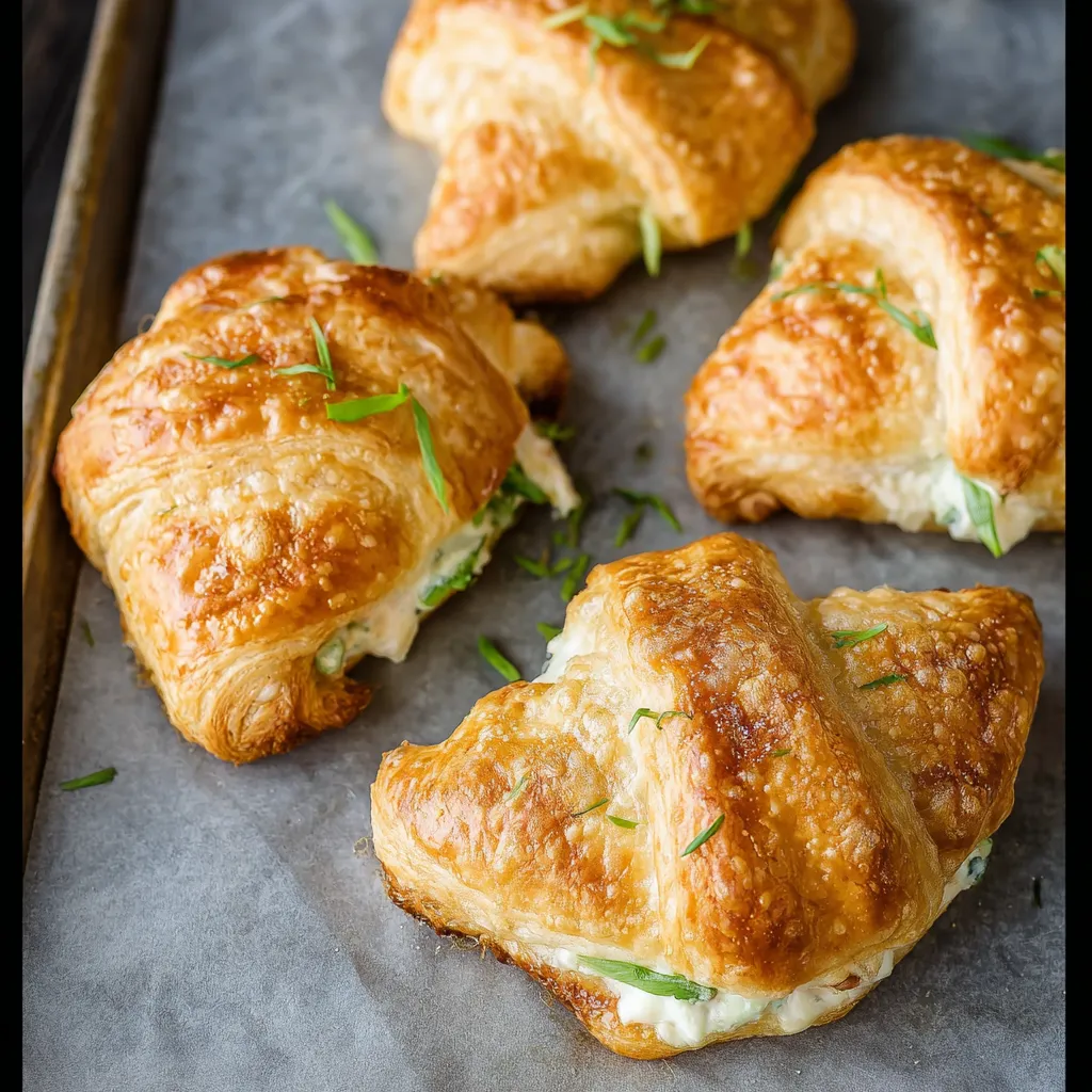 A tray of croissants with green herbs on top.