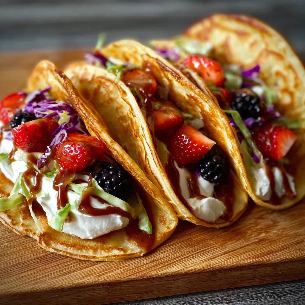 Two tacos with strawberries and blackberries.
