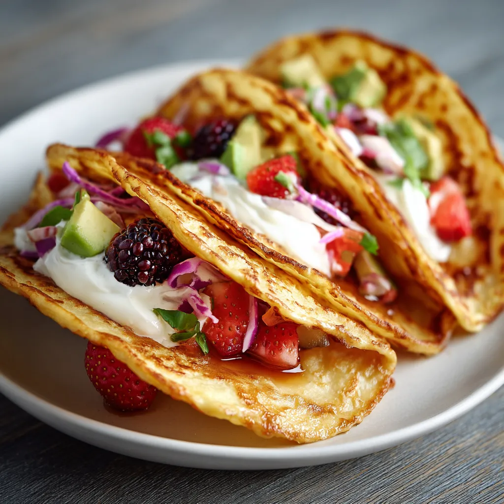 Two pancakes with strawberries and whipped cream.
