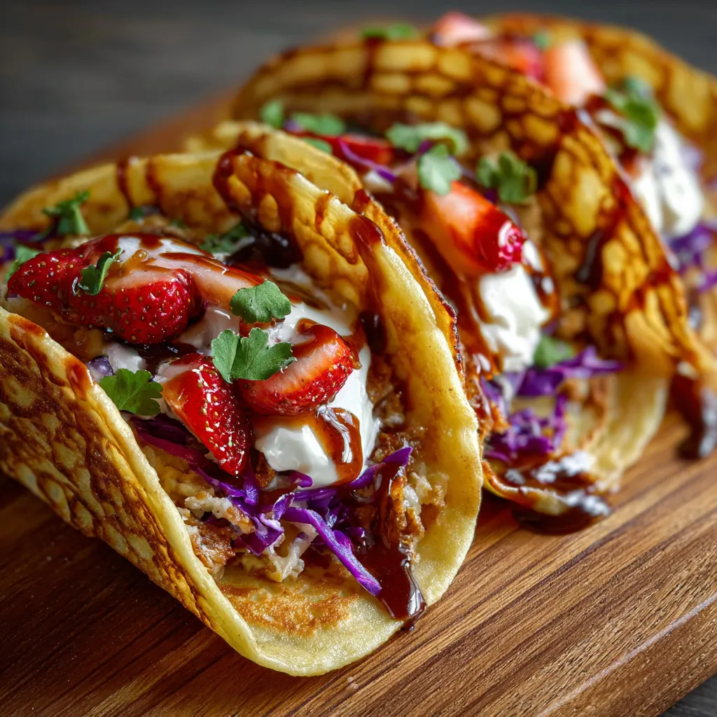 Two tacos with strawberries and whipped cream on top.