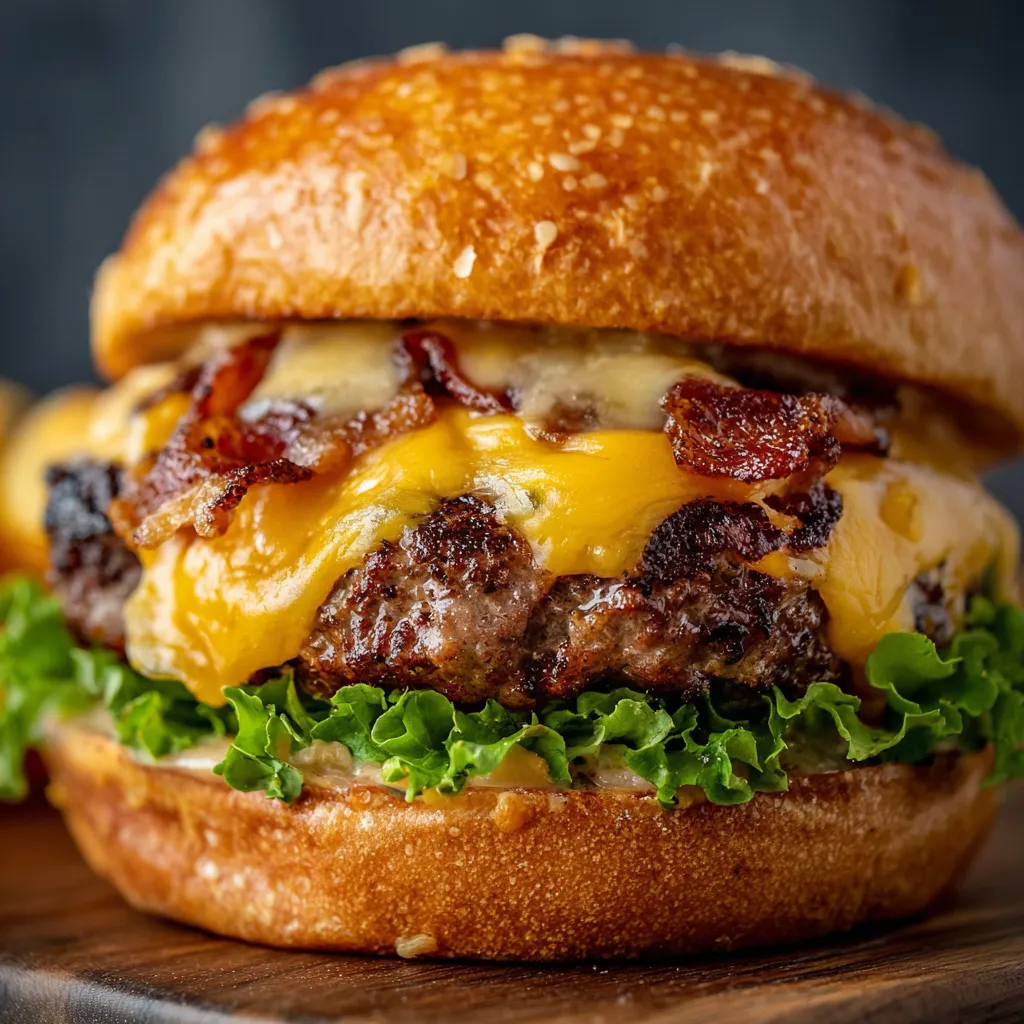A cheeseburger with bacon and lettuce.