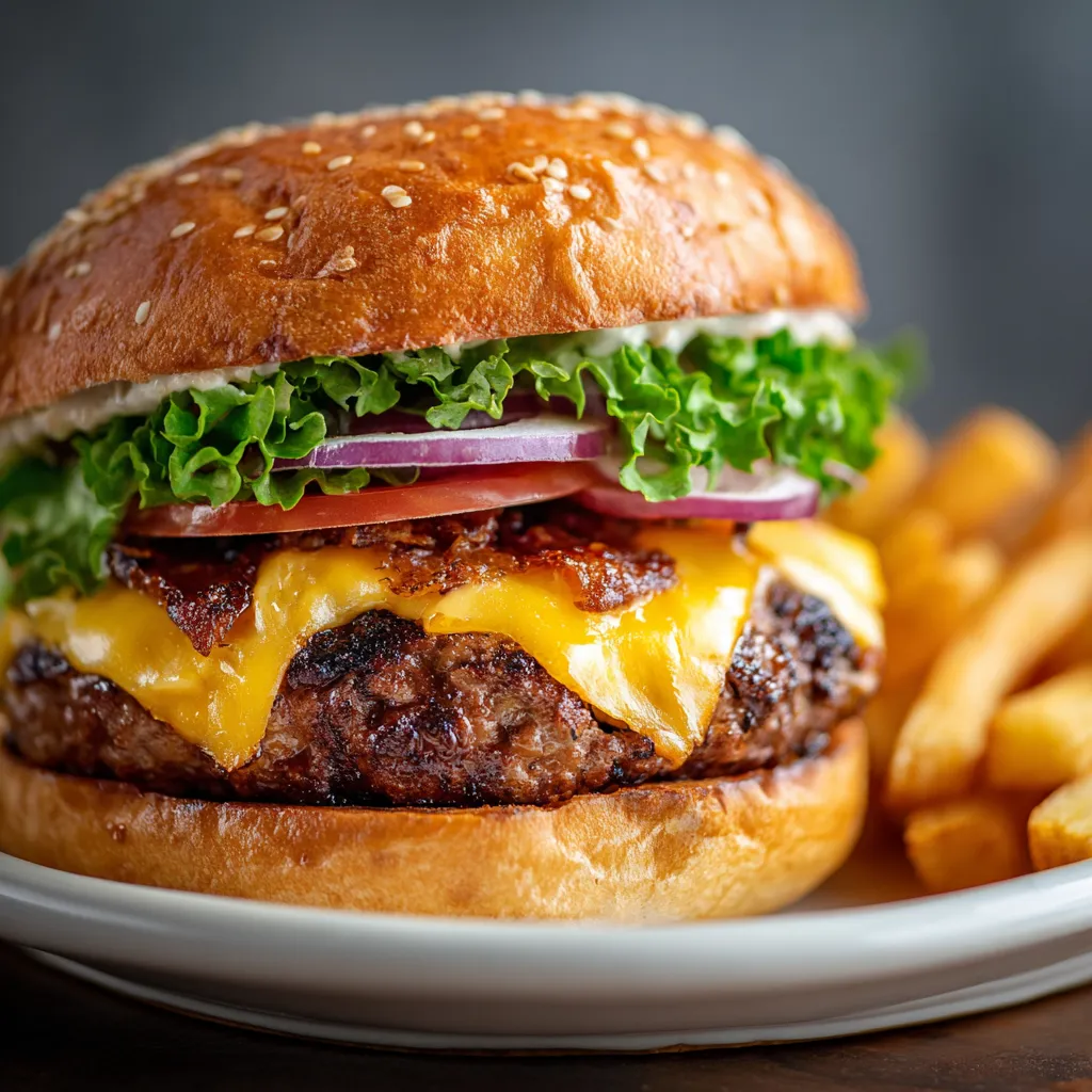 A large cheeseburger with lettuce and tomato on a bun.