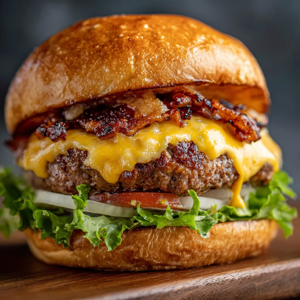 A close up of a bacon cheeseburger.