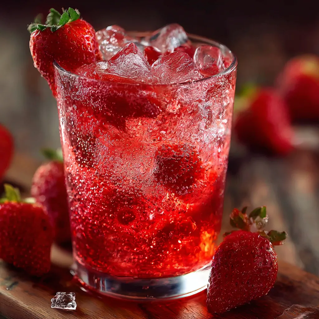 A glass of red drink with strawberries.
