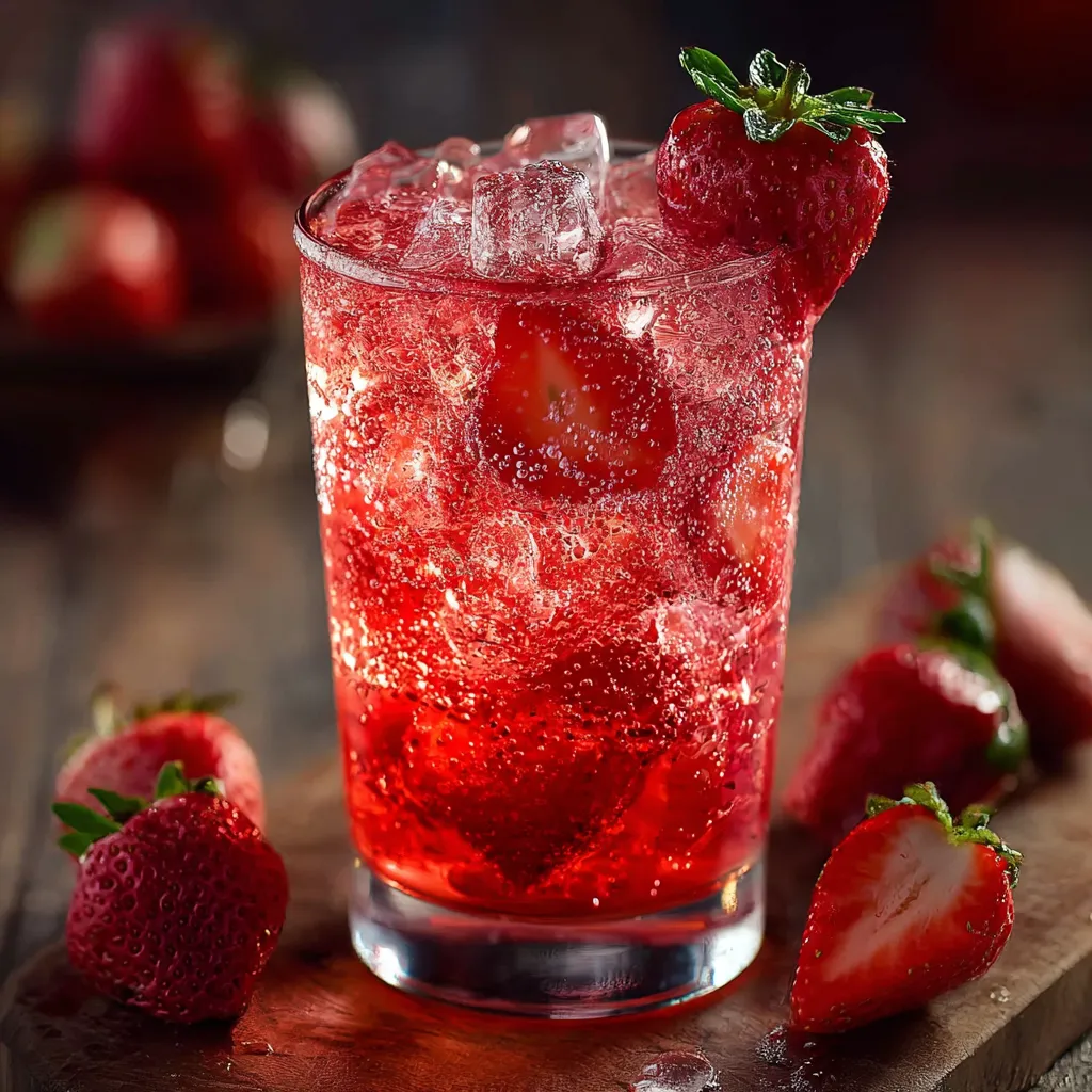 A glass of red strawberry juice with strawberries on the table.