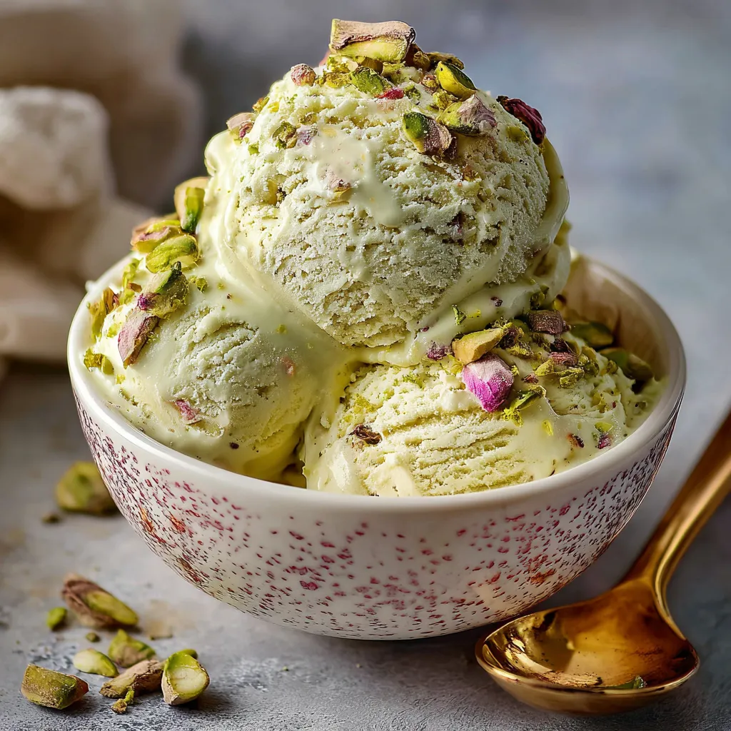 A bowl of ice cream with pistachio nuts on top.