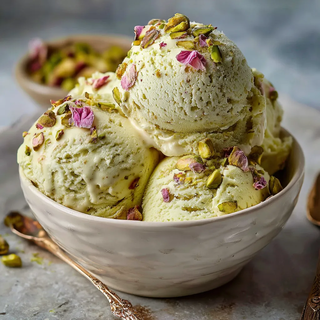 A bowl of ice cream with pistachio nuts and rose petals.