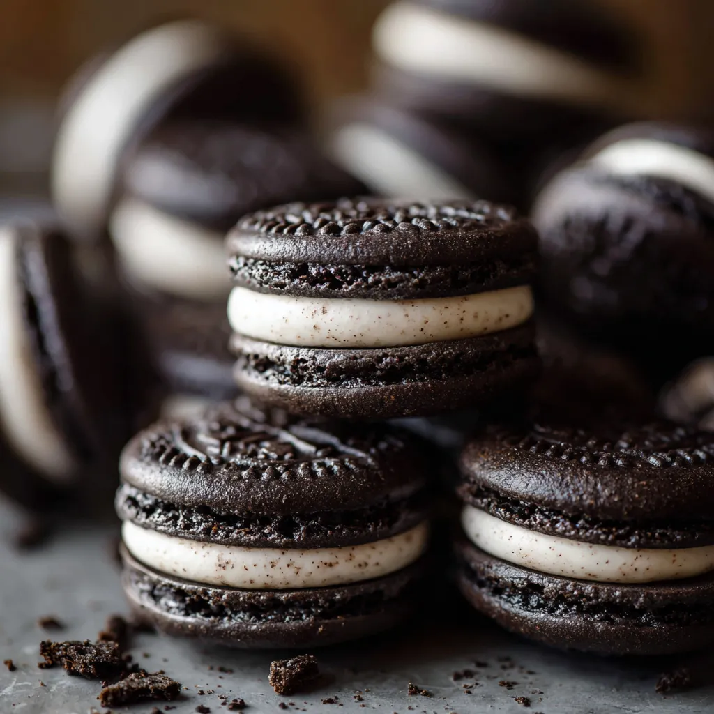 A close up of a chocolate and white cookie.