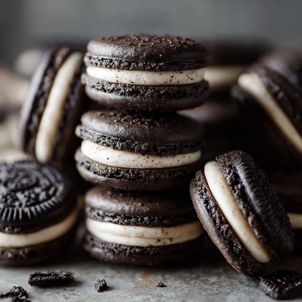 A stack of chocolate and white cookies.