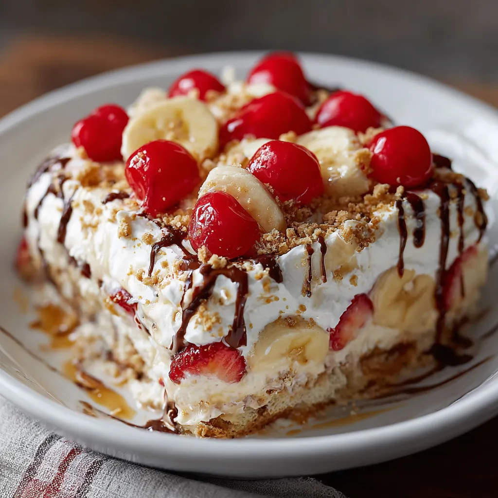 A slice of cake with bananas and strawberries on top.