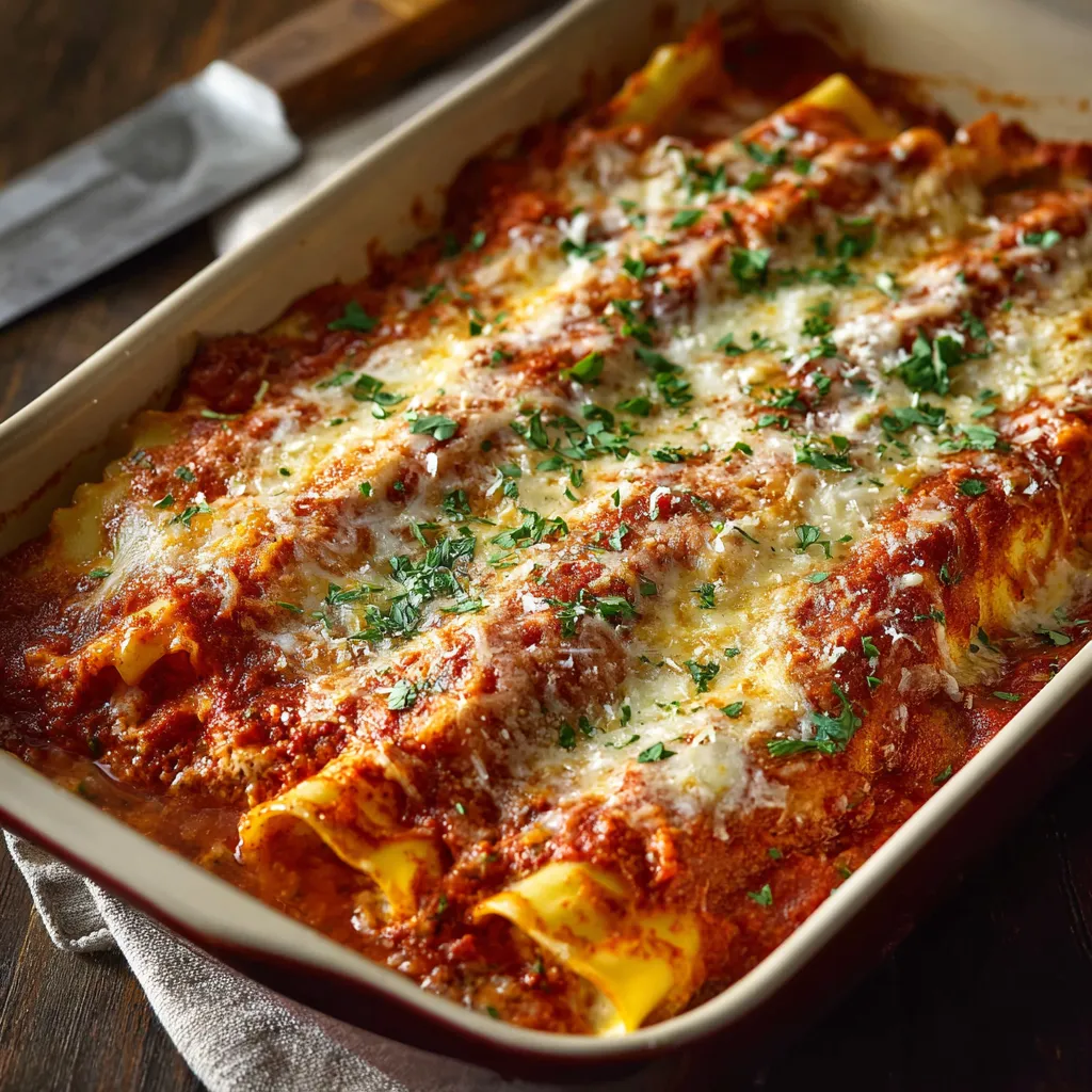A pan of lasagna with cheese and herbs.