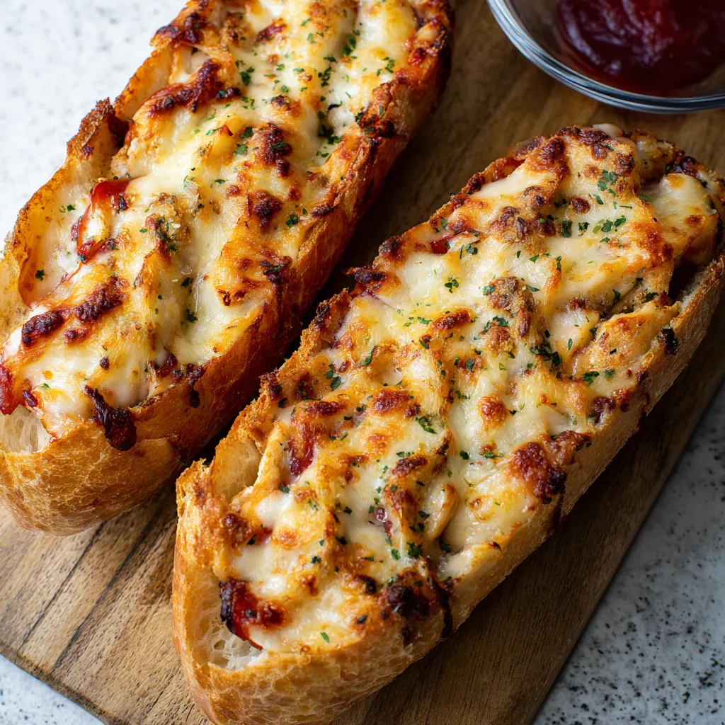 Two pieces of cheese bread on a wooden table.
