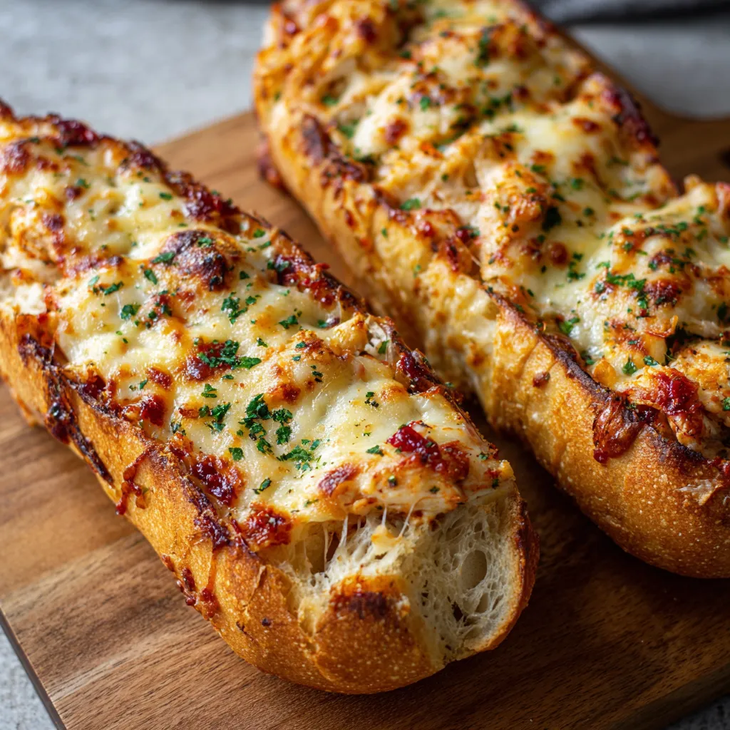 Two slices of cheese and bacon bread.