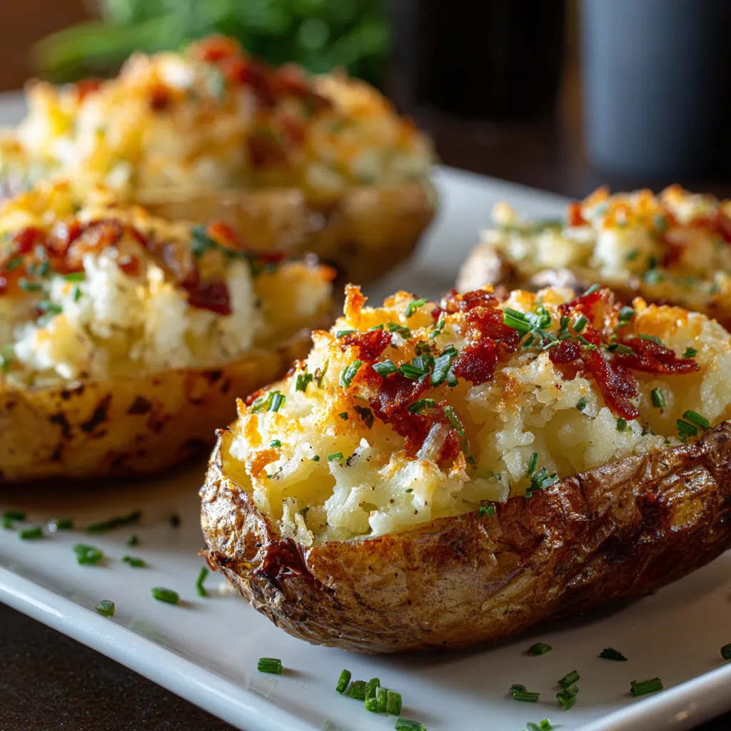 Three baked potatoes with bacon and cheese.
