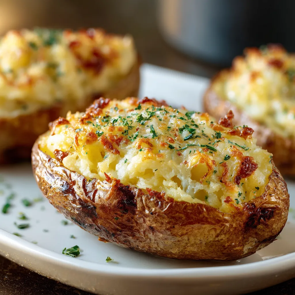 Three baked potatoes with cheese and bacon on a plate.