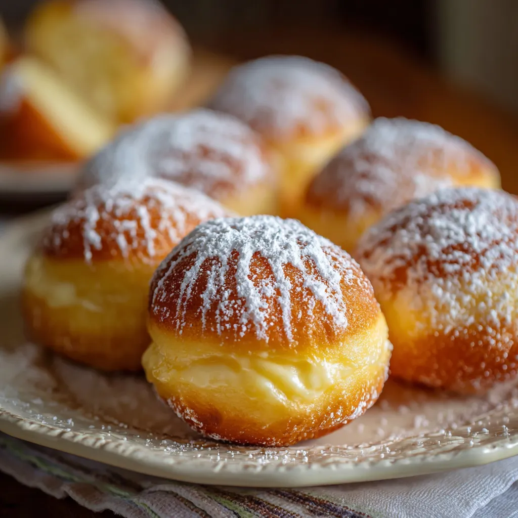 A plate of powdered sugar donuts.