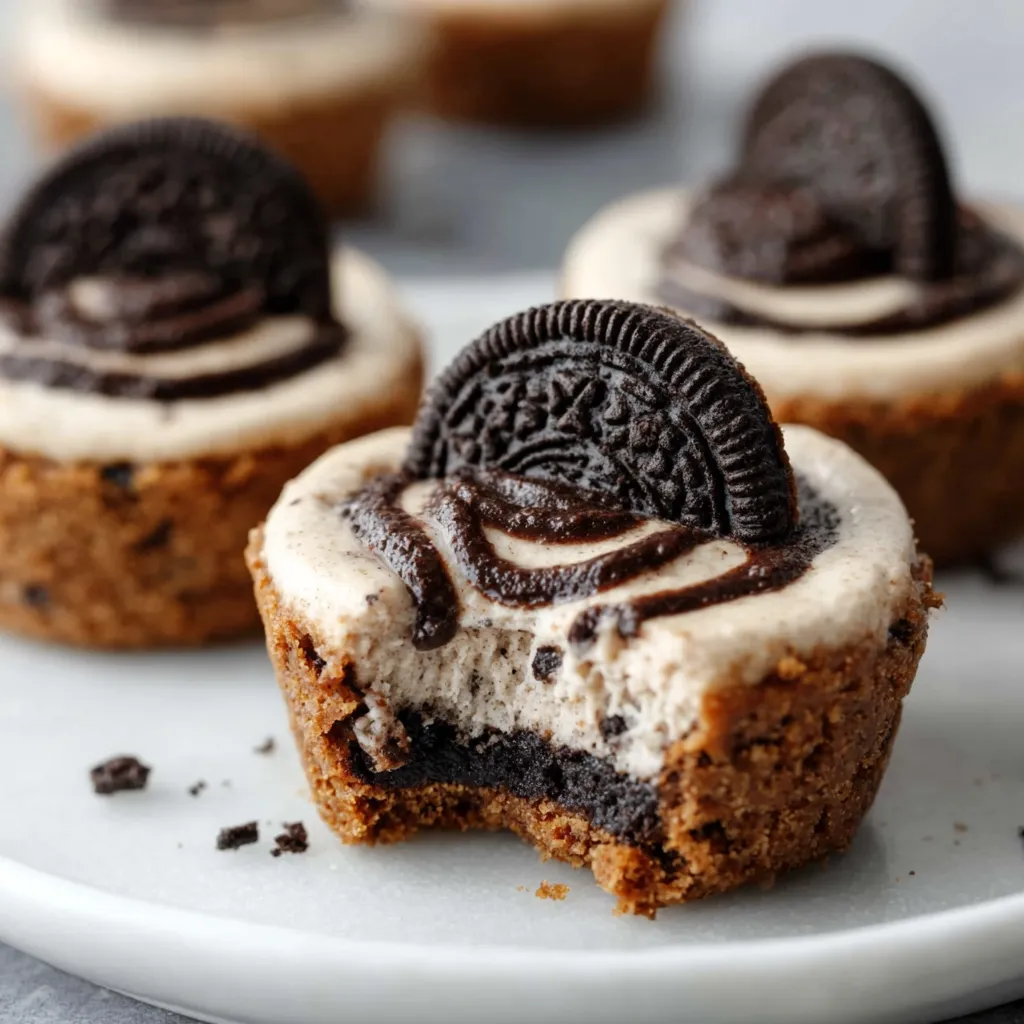 A white plate with three chocolate and cookie cupcakes.