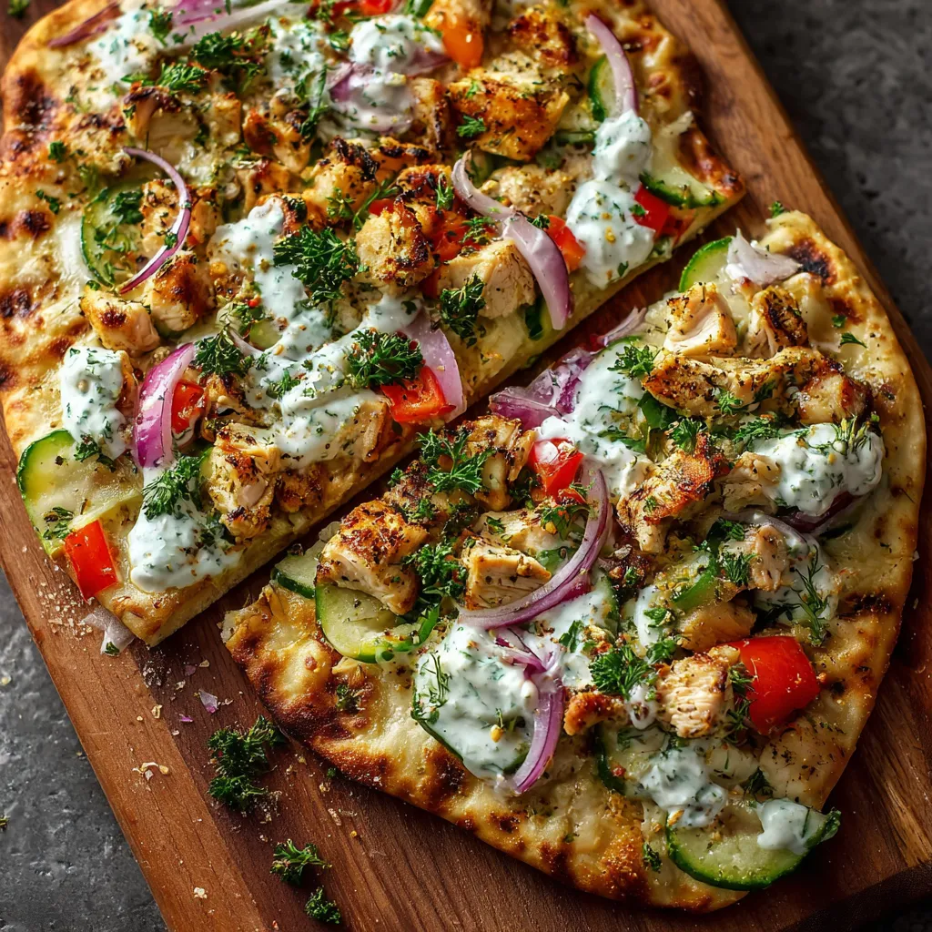 A pizza with chicken and vegetables on a wooden board.