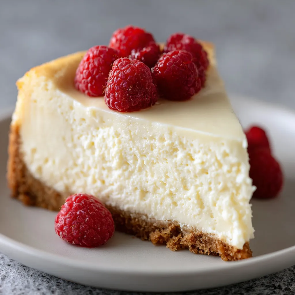 A slice of cheesecake with raspberries on top.