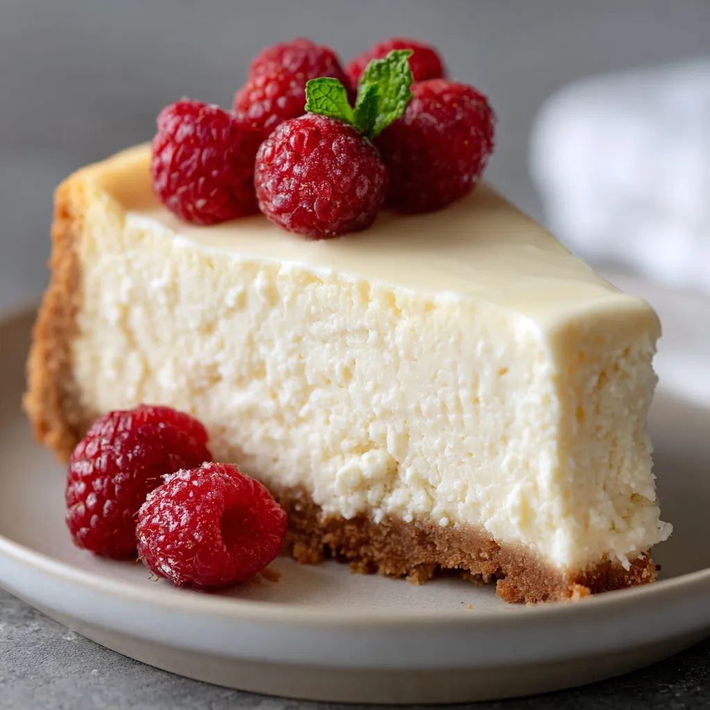 A slice of cheesecake with raspberries on top.