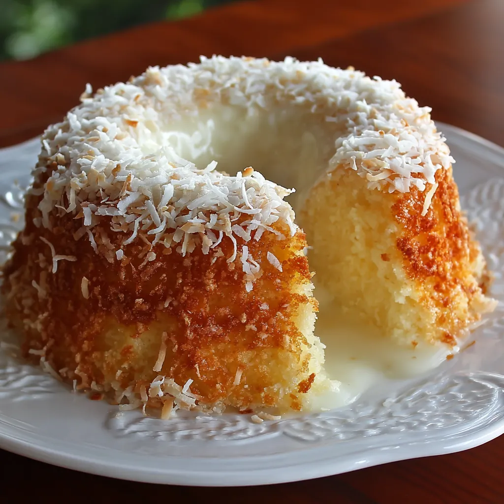A cake with white frosting and coconut on top.