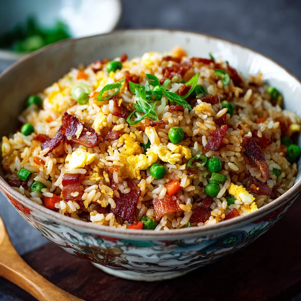 A bowl of rice with peas and bacon.