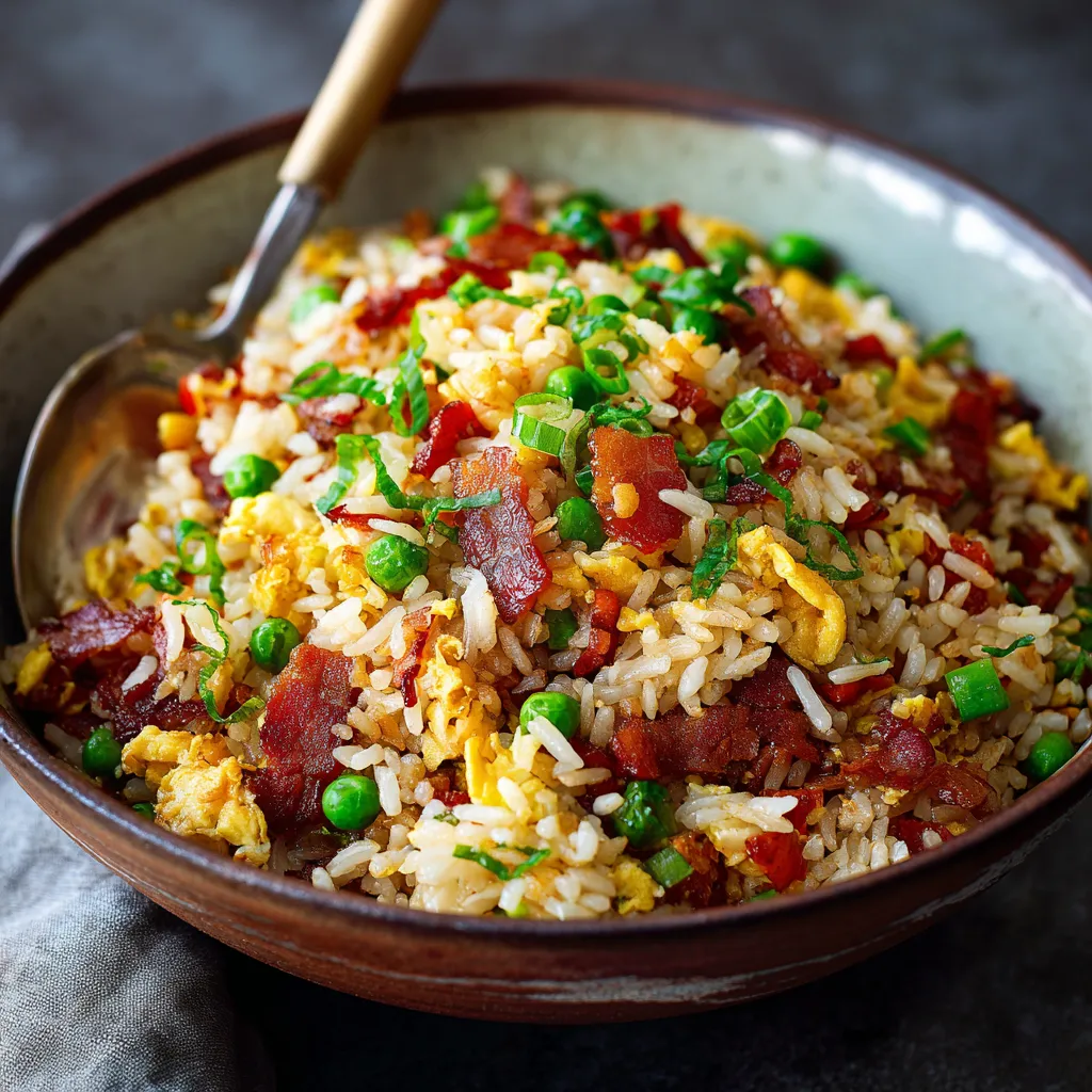 A bowl of rice with peas and bacon.